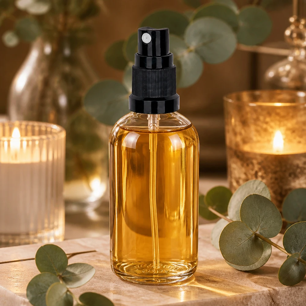 100ml suihkepullo musta vakiokorkki ClearLine UT18/100 Kullalla täytetty 100 ml:n ClearLine-suihkepullo UT18/100, jossa on musta sumutin, wellness-ympäristössä