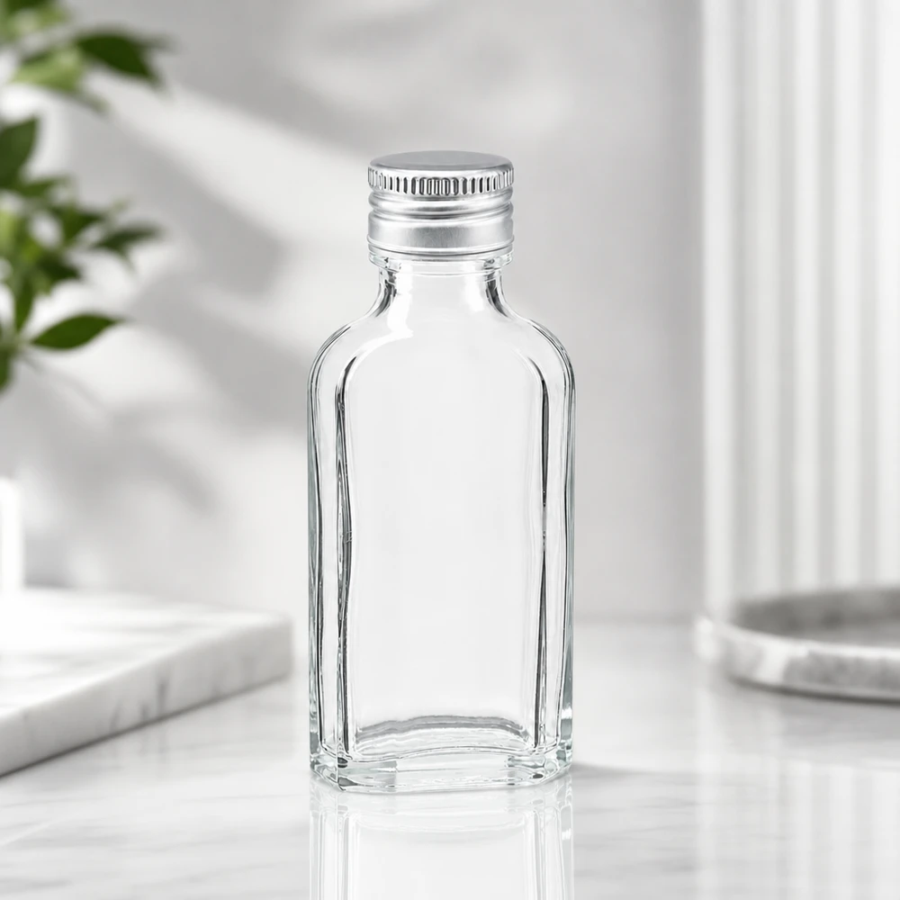 50 ml:n Meplat-pullo kirkkaasta lasista, jossa on hopeanvärinen PP22-kierrekorkki, valkoisella marmoripinnalla