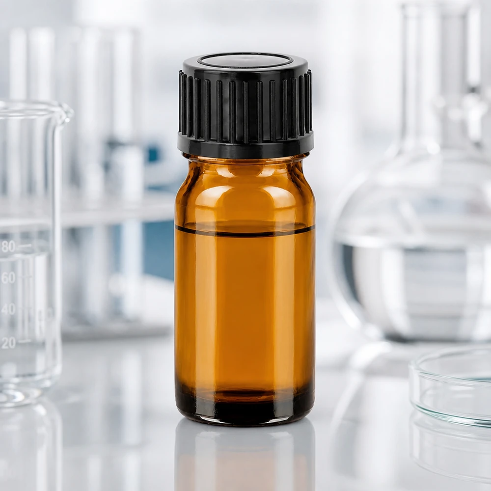 Pienikokoinen 5 ml:n lasipullo ruskealla ja mustalla korkilla pienten määrien tarkkaan annosteluun.