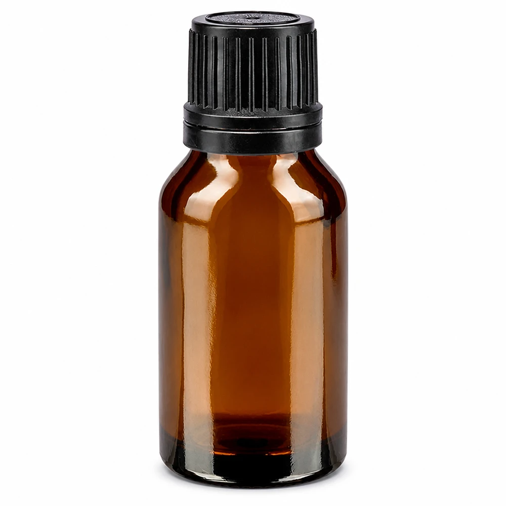 Ruskea apteekkipullo, 15 ml, mustalla kierrekorkilla ja ruskeasta lasista valmistetulla kaatorenkaalla