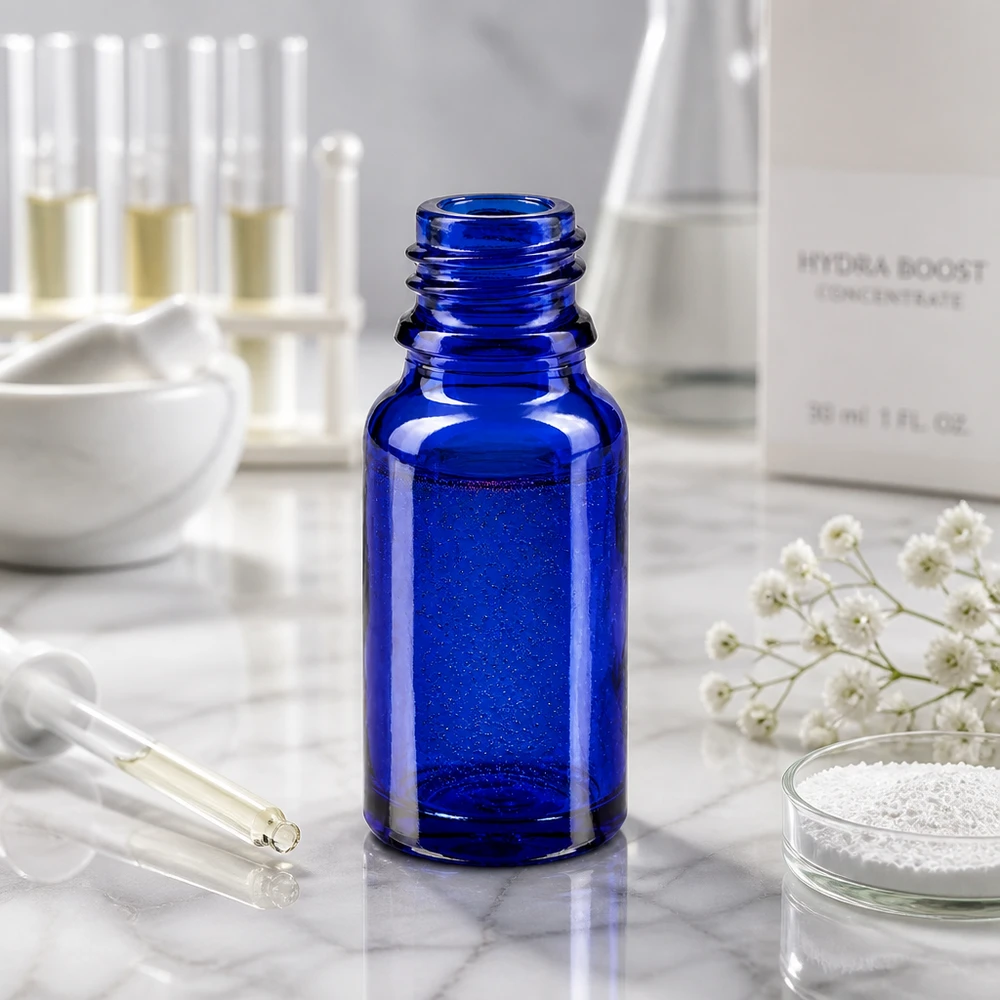 Tippapullo 10ml DIN 18 SININEN LASI 10ml tippapullo Pienikokoinen sininen ApoGlas 10ml apteekkipullo, jossa on käytännöllinen tippakorkki kosmetiikkaa varten.