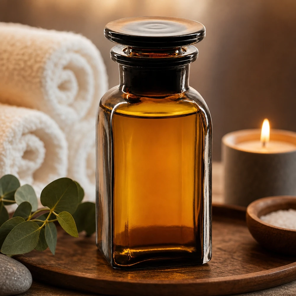 Nelikulmainen pullo 100ml ruskea leveäkaulainen lasitulppa Aromaterapiaöljypullo, 100 ml, ruskea neliönmuotoinen lasipullo, lasikorkilla, puualustalla