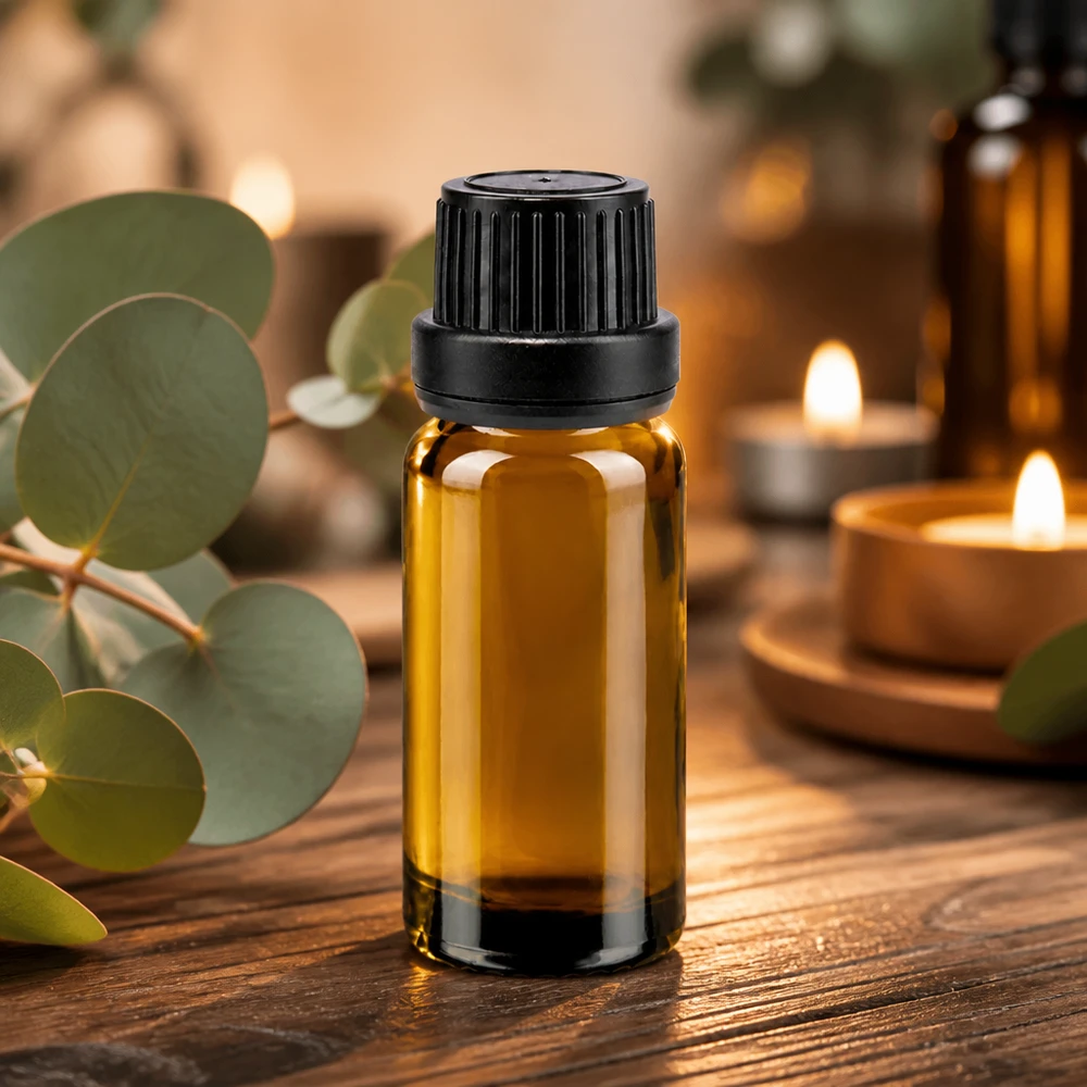 Pieni ruskea lasipullo, 10 ml, mustalla kierrekorkilla ja tiputusosalla eteerisiä öljyjä varten