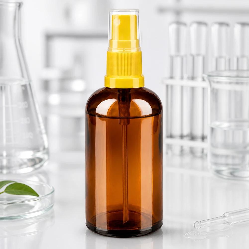 100ml suihkepullo keltainen/läpinäkyvä vakiokorkki BrownLine UT18/100 Laadukas 100 ml:n suihkepullo, joka on valmistettu UV-suojatusta meripihkanvärisestä lasista ja jossa on tarkka suihkutusjärjestelmä.