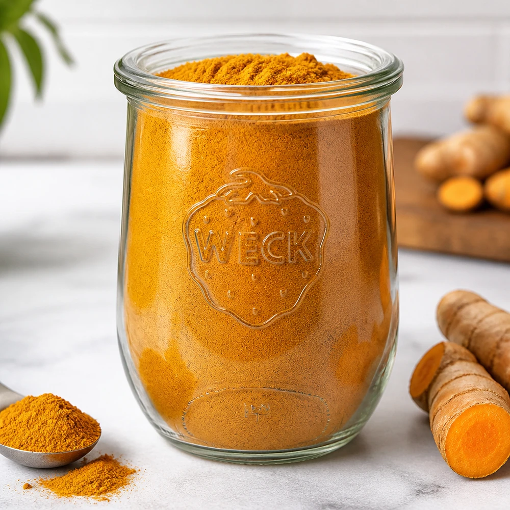 1062ml tulppaanipurkki lasikannella WECK RR100 WECK tulppaanipurkki 1062ml RR100 täynnä kurkumajauhetta tuoreiden kurkumajuurien vieressä Mausteiden säilytyskeittiössä