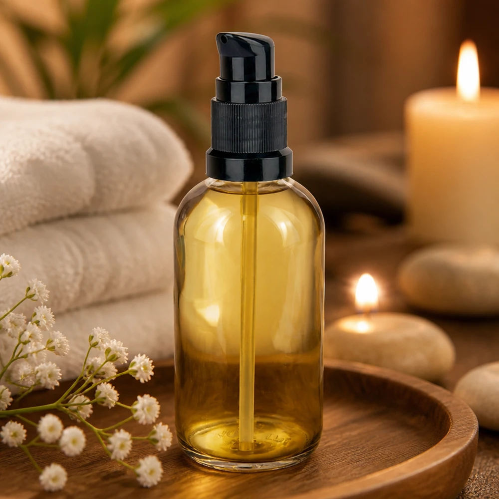 100ml pumppupullo musta vakiokorkki ClearLine UT18/100 Keltainen 100 ml:n lasipullo, musta annostelupumppu, hierontaöljy, kynttilät, hyvinvointi, spa