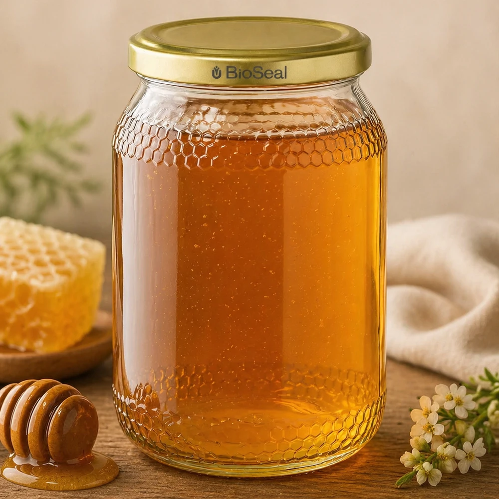 1260g Honigglas + BioSeal Deckel gold UNiTWIST 900ml hunajapurkki täynnä kultaista hunajaa BioSeal kansi hunajakennon näköinen hunaja dipper kukkia puinen pöytä mehiläishoitotarvikkeet