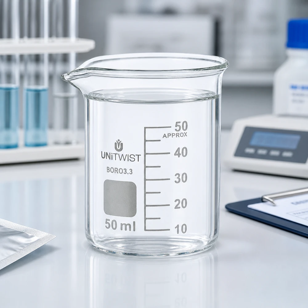 50 ml:n dekantterilasi, borosilikaatti, matala muotti UNiTWIST Tyhjä 50 ml:n UNiTWIST-mitalasi, matala malli, borosilikaattilasia, jossa on syövytetty millilitra-asteikko