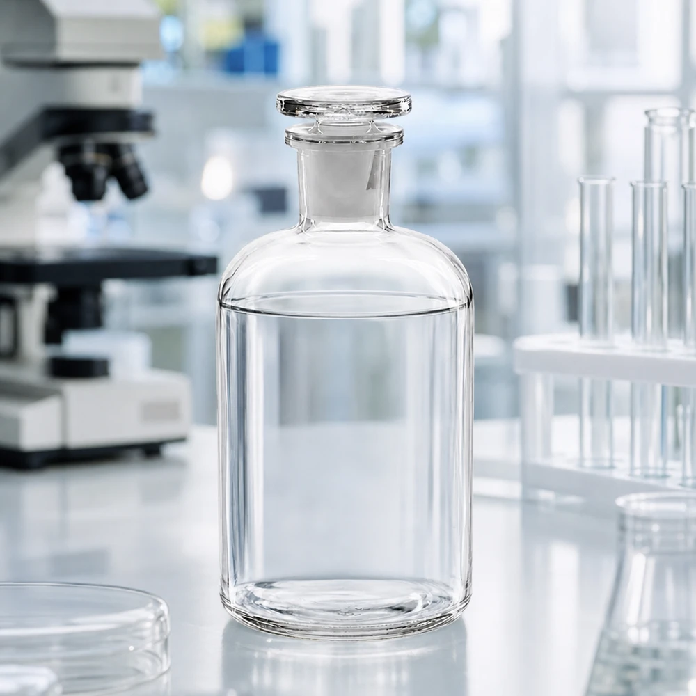 Pyöreä olkapääpullo 500ml kirkas kapeakaulainen lasitulppa 500 ml:n kirkas laboratoriopullo, jossa on kapea kaula ja lasitulppa, valkoisella laboratoriopöydällä