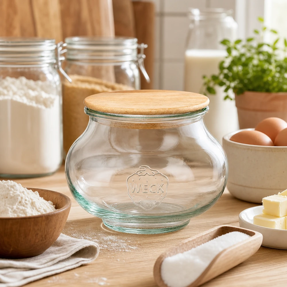 WECK koristeellinen purkki 560ml RR80 puukannella tammi leivonta-ainesten välillä jauhot munat voi puulauta keittiössä