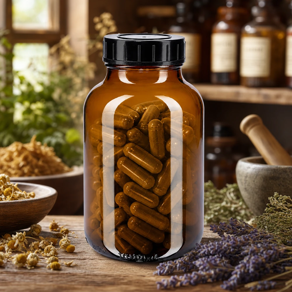 1000ml leveäkaulainen meripihkalasipullo, jossa on kierrekorkki. Ruskea 1000ml leveäkaulainen pullo, jossa on kierrekorkki kapseleille ja farmaseuttisille tuotteille.