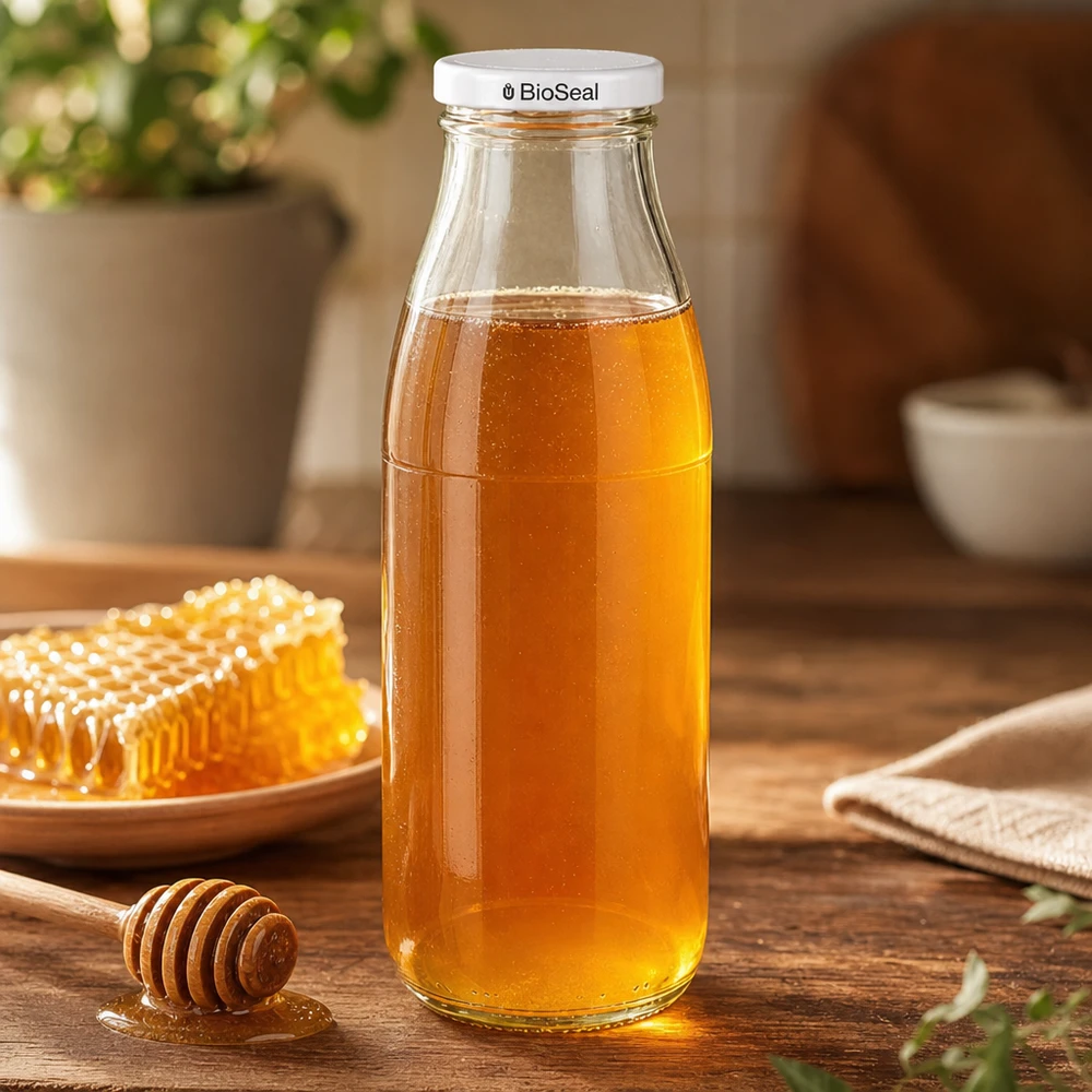 500 ml:n lasipullo täynnä hunajaa, valkoinen BioSeal-kansi, vieressä hunajakenno ja hunajalusikka puisella pöydällä.