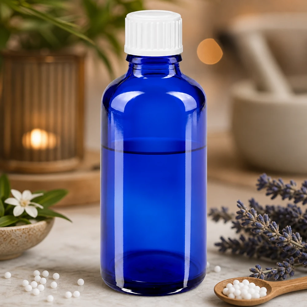 Apteekkipullo sininen 50ml kierrekorkki valkoinen Globuli Standard. Homeopaattiset globulit 50 ml:n sinisessä apteekkilasipullossa, jossa on valkoinen lapsiturvallinen korkki