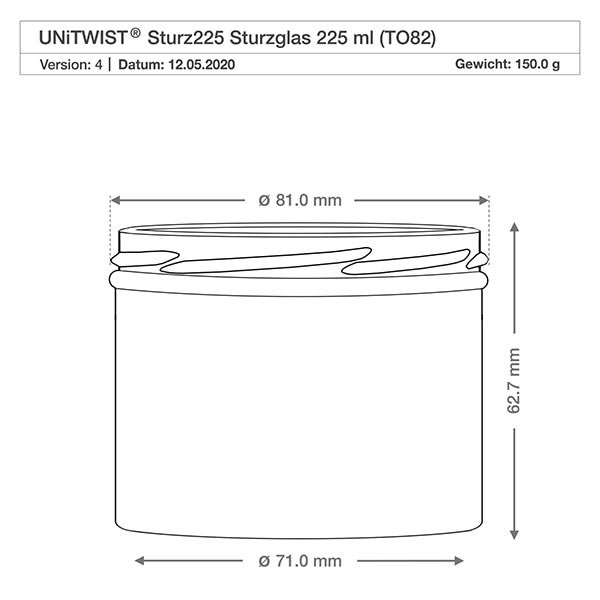 225ml juomalasit ilman kantta (TO82) UNiTWIST UNiTWIST tumblers 225ml TO82 tekninen piirustus mitat 81mm halkaisija 62.7mm korkeus säilytysastia