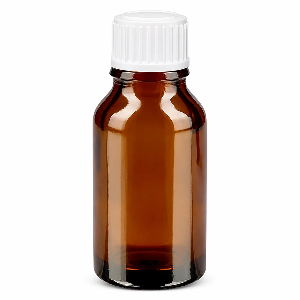 Ruskea apteekkipullo, 15 ml, valkoisella 0,8 mm:n tippakorkilla, ruskeaa lasia