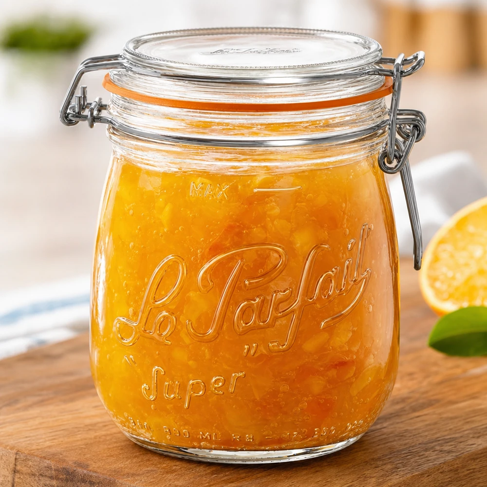 750ml Vorratsglas "Super" mit Bügelverschluss Le Parfait® 750ml Le Parfait Super -säilytyspurkki, jossa on heilurikorkki ja joka on täytetty appelsiinimarmeladilla puulevyn päällä.