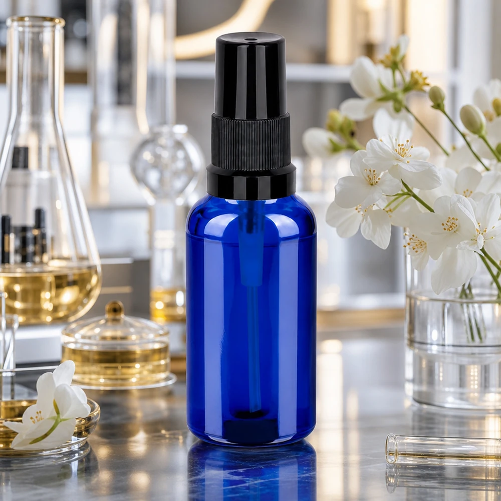 Laadukas 30ml STD BlueLine -lasipullo mustalla suihkupäällä ammattikäyttöön.
