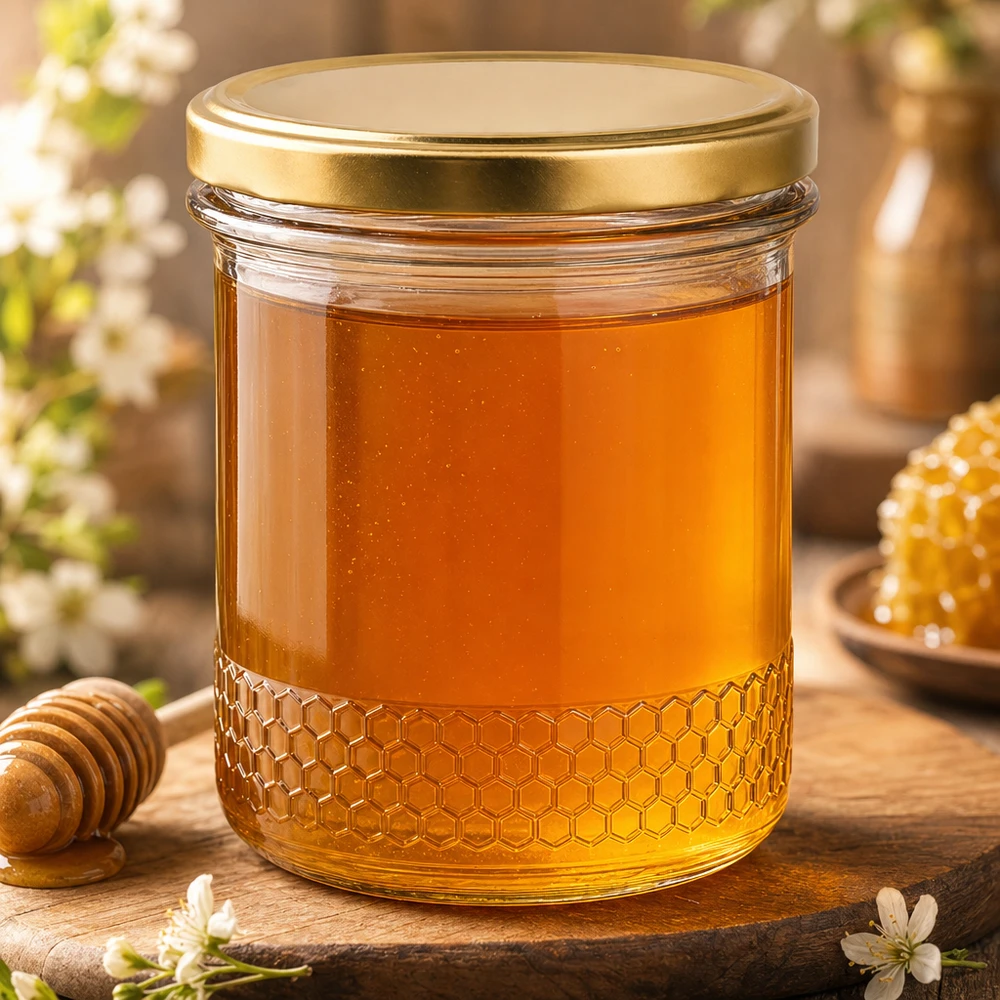 560g Honigglas + BasicSeal Deckel gold UNiTWIST 400ml hunajapurkki, jossa on kultainen BasicSeal UNiTWIST-kansi, täynnä hunajaa puupöydällä, jossa on hunajakennokuvioinen kuvio