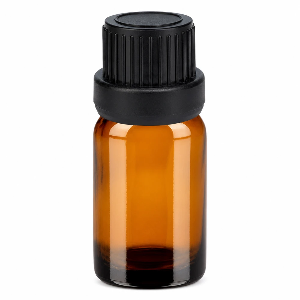 5ml pullo 11mm ruuvikorkki musta peukaloinninestokorkkiII BrownLine UT18/5 5ml meripihkanvärinen lasipullo mustalla kierrekorkilla eteerisille öljyille ja kosmetiikalle.