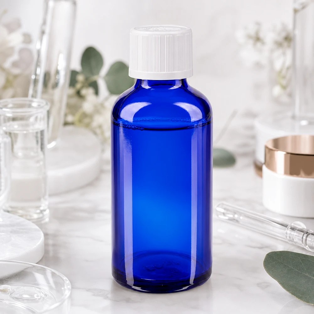 Koboltinsininen 50 ml:n apteekkipullo, jossa on valkoinen lapsiturvallinen korkki, laboratorioympäristössä