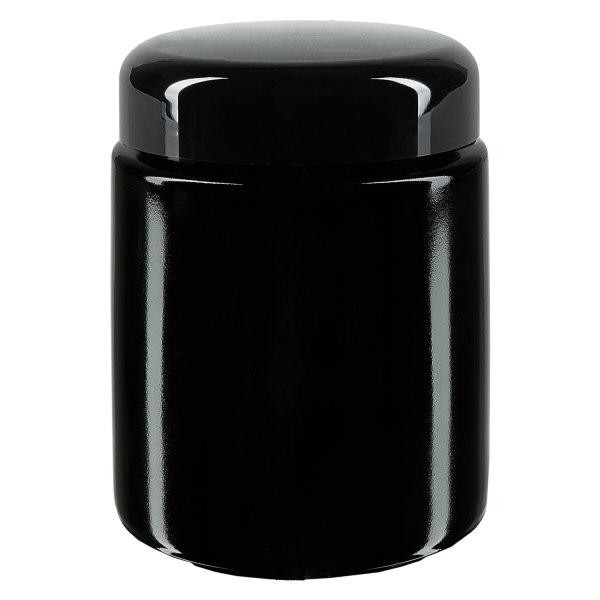 Leveäkaulainen purkki+ violetti lasi 250ml, jossa on musta kansi.