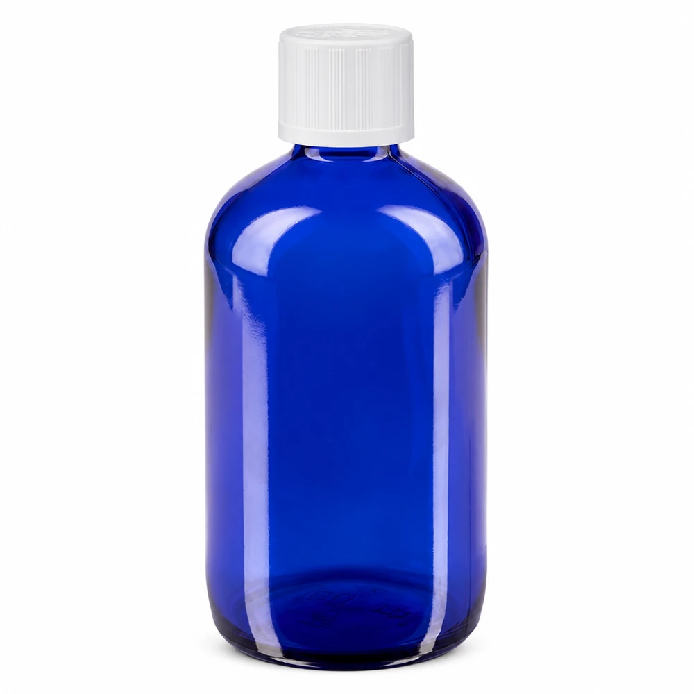 Apteekkipullo sininen 100ml tippakorkki valkoinen lapsiturvallisuusstandardi 100 ml:n sininen lasinen apteekkipullo, jossa on valkoinen lapsiturvallinen korkki ja 1,2 mm:n tiputusosa