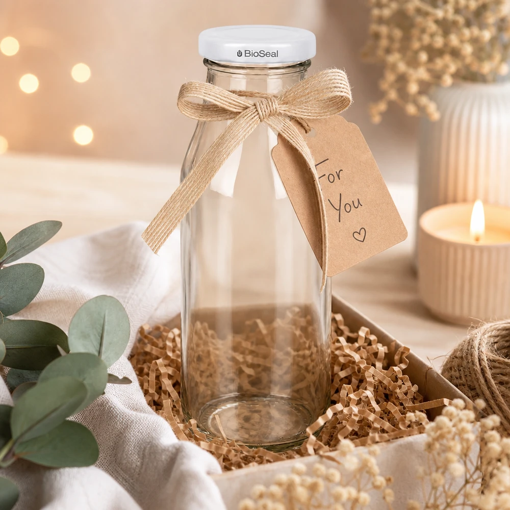 UNiTWIST Bottle263 Glasflasche mit weißem TO43 BioSeal Deckel als Geschenk dekoriert mit Schleife und Anhänger