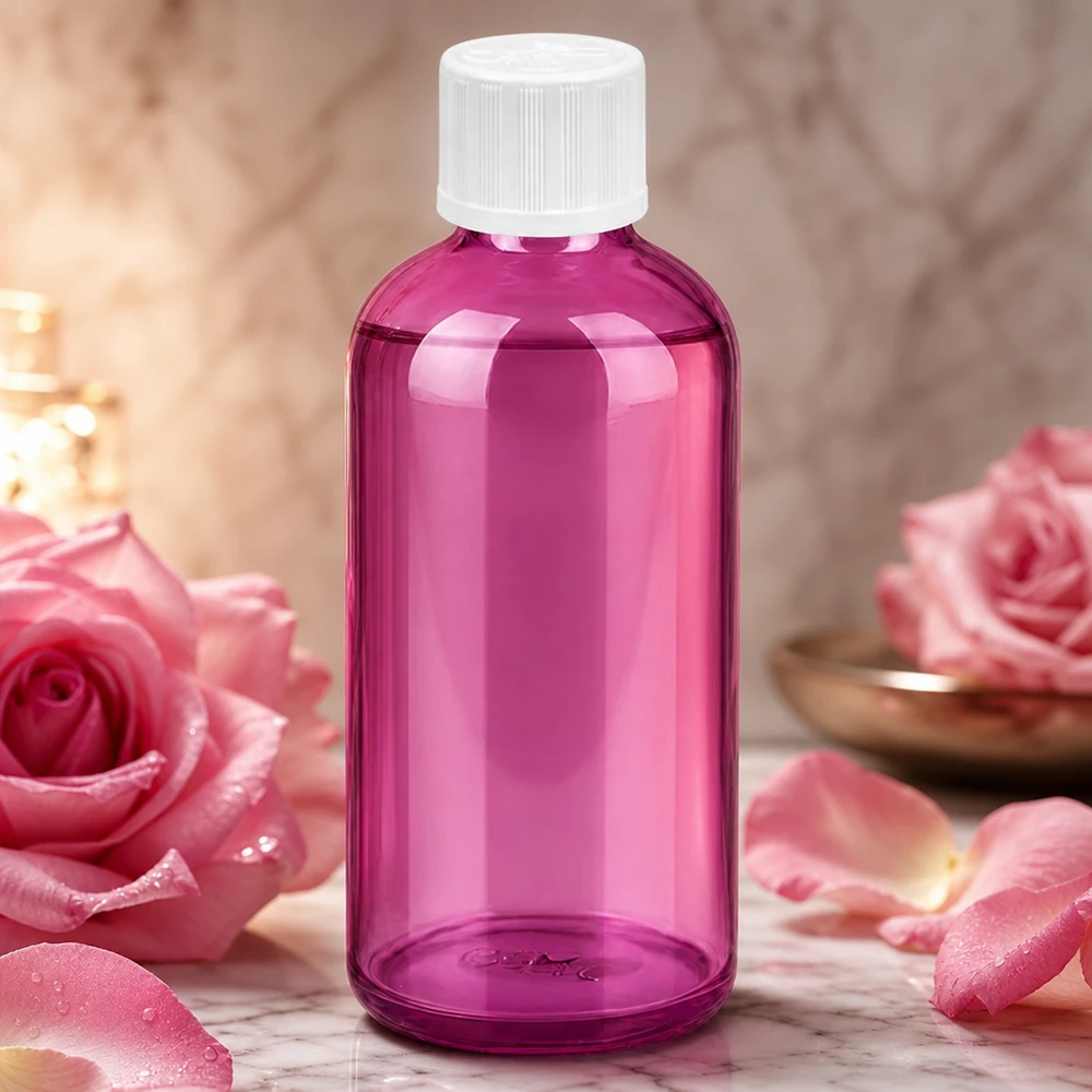 Violetti lasipullo 100ml valkoisella kierrekorkilla ja 1.2mm tippapullolla eteerisille öljyille.
