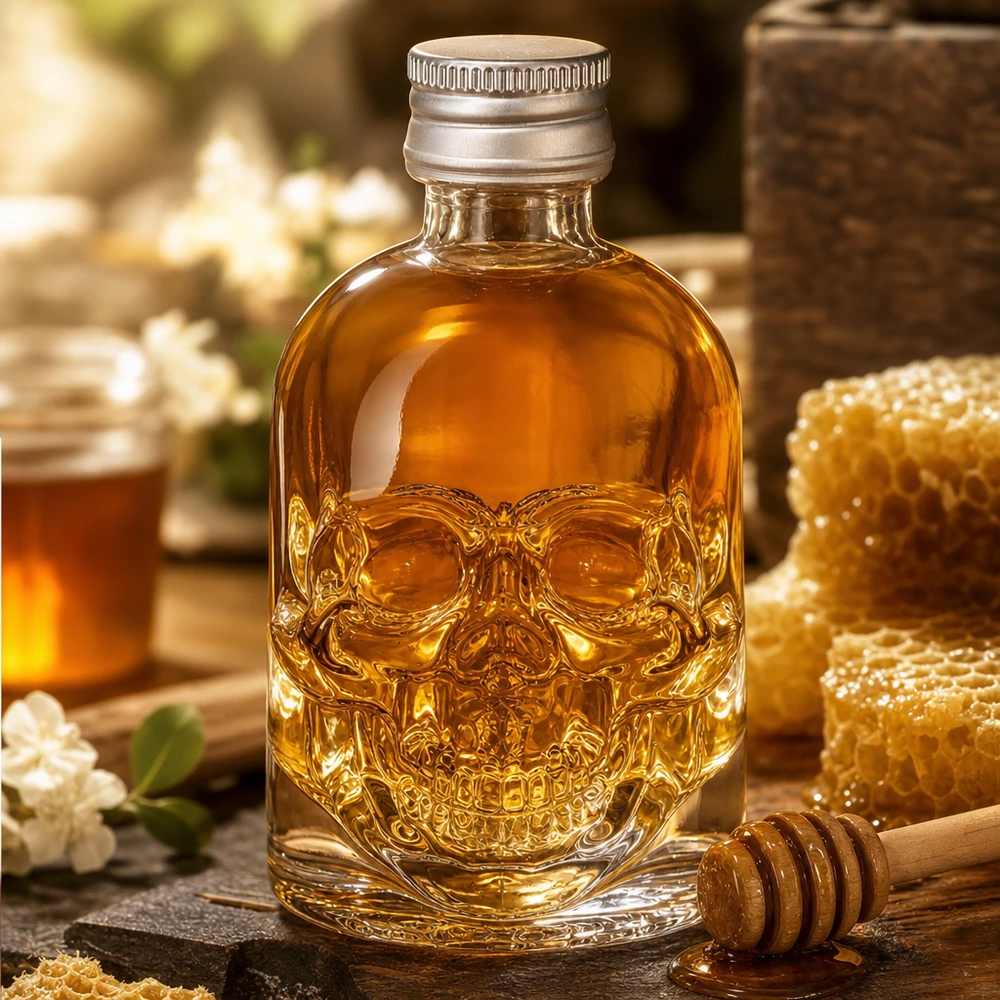 50ml kallolasi pullo Hector täynnä hunajaa hunajakennon ja hunajalusikan vieressä maalaismaisessa keittiössä.