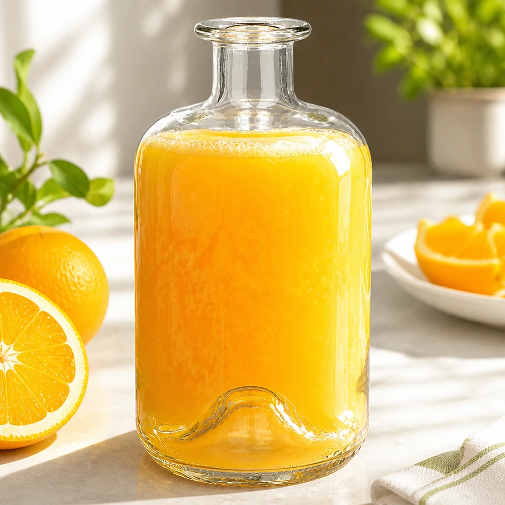 500ml Luna-lasipullo täynnä tuoretta appelsiinimehua appelsiiniviipaleiden vieressä mehukarahvina keittiössä.