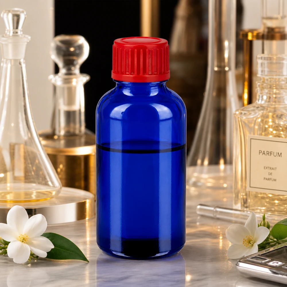 30 ml:n pullo UV-suojattua sinistä lasia, jossa punainen korkki valolle herkille aineille.