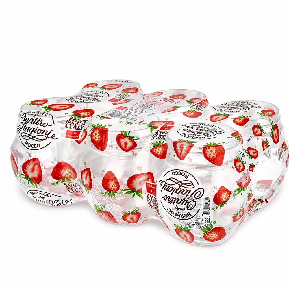 300ml pyöreä lasi "Quattro Stagioni" QS70mm QS70mm Quattro Stagioni kotitalouspurkit 300ml mansikka-aiheella 6 säilöntäpurkin setti keittiöön ja säilytykseen.