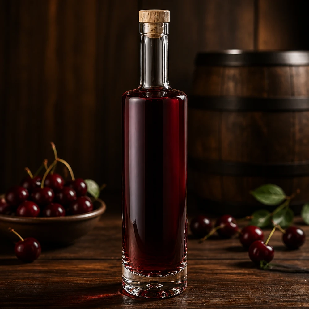 500ml Glasflasche "Lina" mit Holzgriff-Korken UNiTWIST 500ml lasipullo Lina puukorkilla, joka on täytetty kirsikkaliköörillä tuoreiden kirsikoiden välissä maalaismainen puinen pöydän koriste.