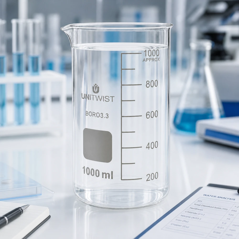 Juomalasi 1000ml borosilikaatti, korkea muotti UNiTWIST UNITWIST-mitta-astia, 1000 ml, korkea malli, borosilikaattilasia 3.3, jossa on puhdasta vettä ammattimaisessa laboratoriossa