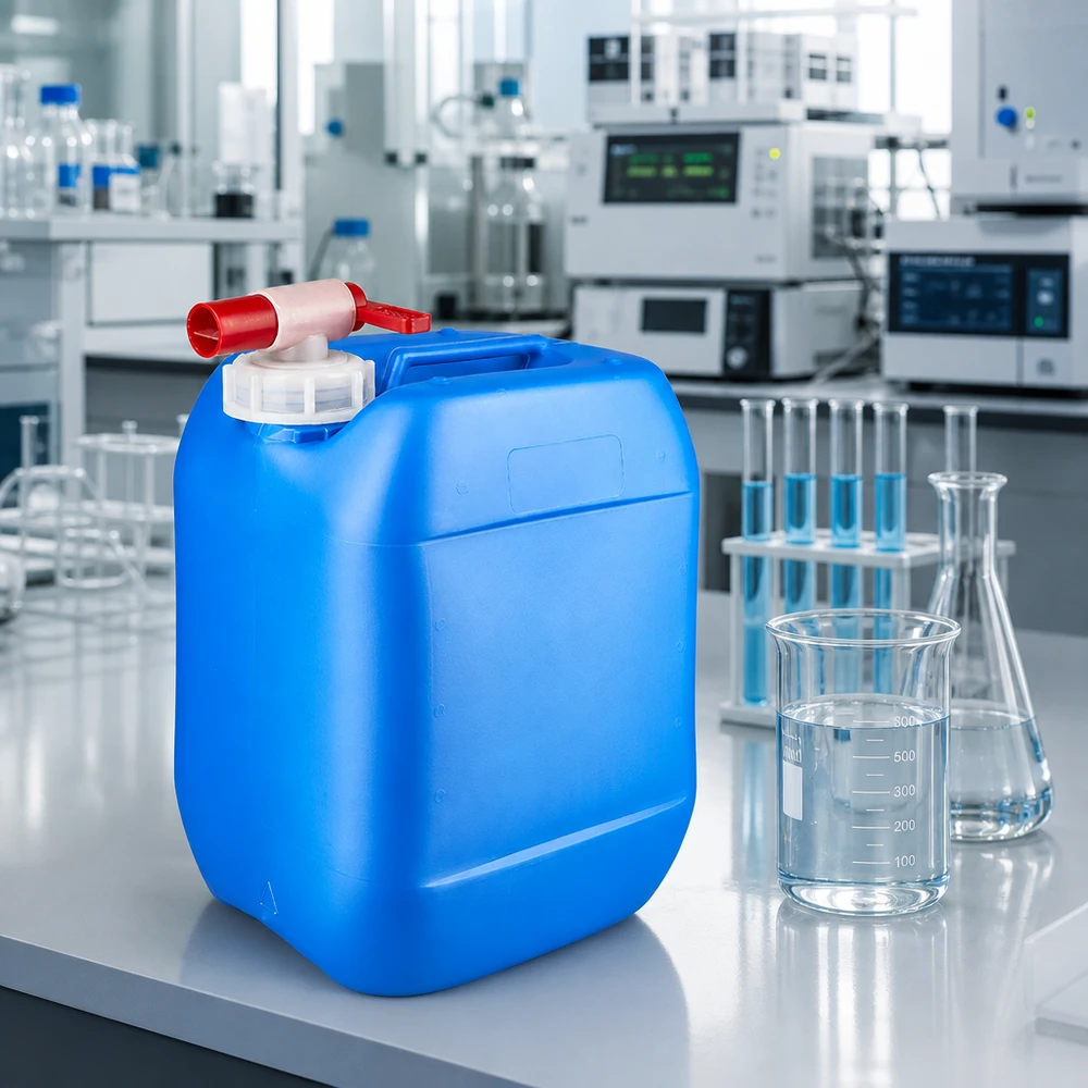 Kanisteri 10 litraa sininen tyhjennyshanalla 10 litran sininen kanisteri, jossa on punainen hana, laboratoriopöydällä beakerin ja Erlenmeyer-pullon vieressä