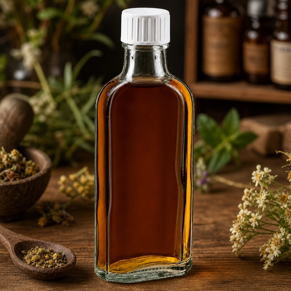 Litteä 100 ml:n Meplat-pullo kirkkaasta lasista, valkoisella kierrekorkilla, yrttitinktuureille