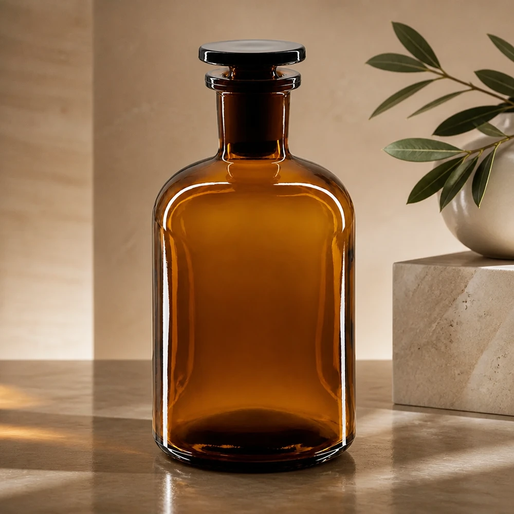 Pyöreä olkapääpullo 250ml ruskea kapeakaulainen lasitulppa Ruskealasi pullo, 250 ml, pyöreä olkapää, kapea kaula ja lasitulppa, UV-suojattu, valolta suojattu
