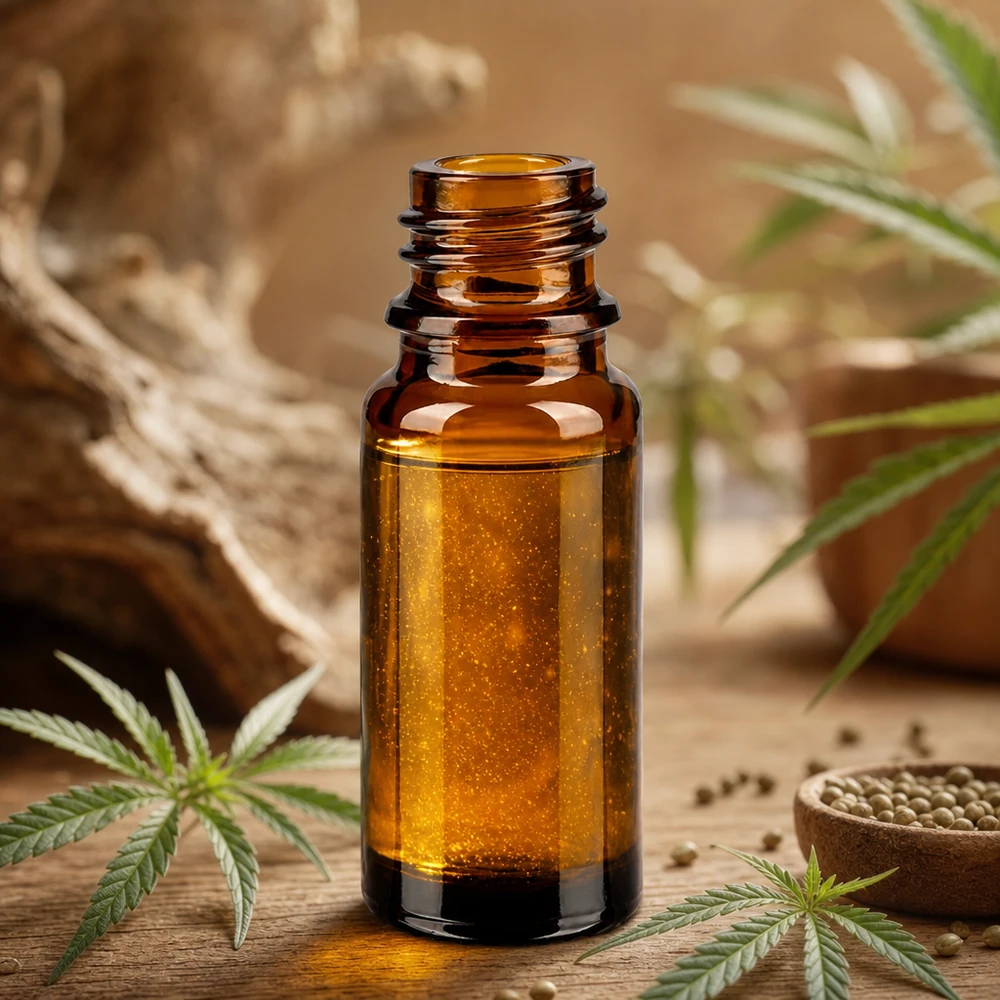 10ml ruskea apteekkipullo ApoGlas, jossa on kannabisuutetta ja hampunsiemeniä maalaismaisella puisella taustalla.