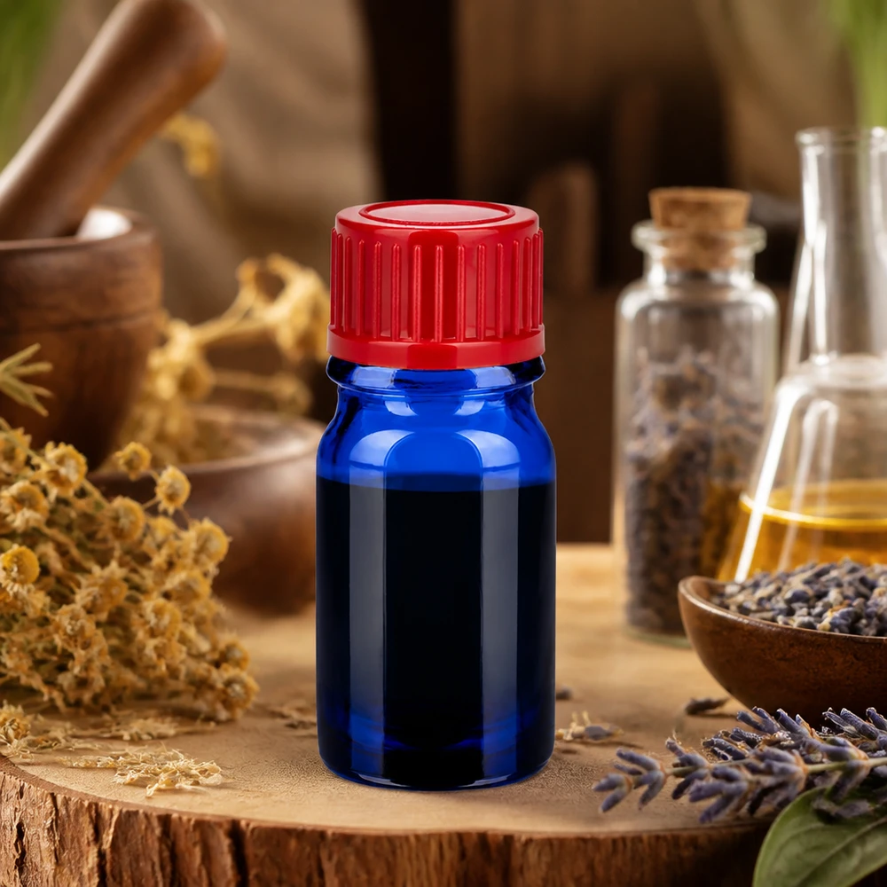 5ml BlueLine lasipullo UT18/5 punaisella korkilla ihanteellinen eteerisille öljyille ja aromaterapialle.