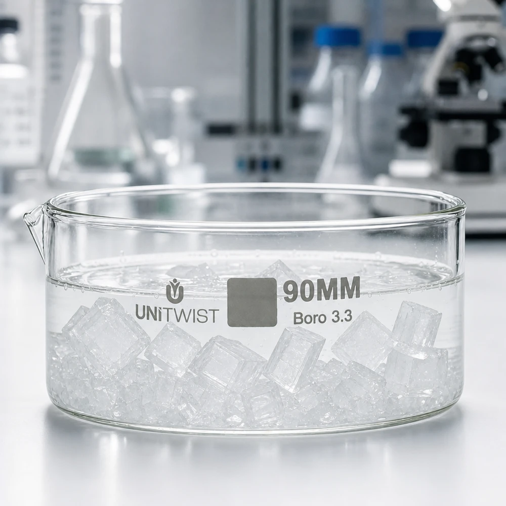 Kiteytysastia ø90mm borosilikaattilasi UNiTWIST UNiTWIST Litteä lasikulho 90 mm, jossa on jääkuutioita, laboratoriossa, borosilikaattilasia, UNiTWIST Boro 3.3