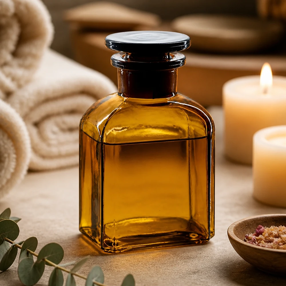 150 ml:n aromaterapia-säilytyspullo ruskeasta lasista, leveäkaulainen ja lasitulpalla varustettu eteeristen öljyjen säilyttämiseen