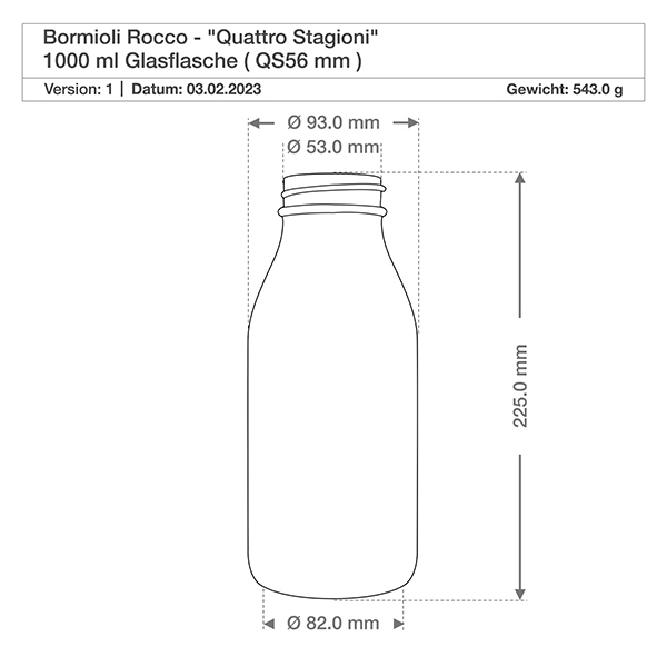 1000ml lasipullo "Quattro Stagioni", jossa on kansi. Tekninen piirustus Quattro Stagioni 1000ml lasipullo, jonka mitat ovat: halkaisija 82mm, korkeus 225mm, paino 543g.