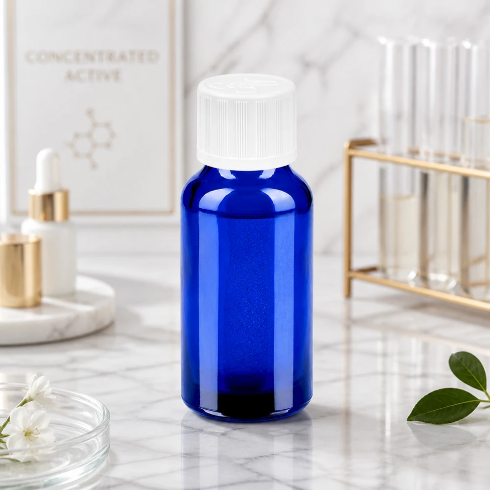 20ml BlueLine-lasipullo, jossa on lapsiturvallinen kierrekorkki, ihanteellinen apteekkeihin ja laboratorioihin.