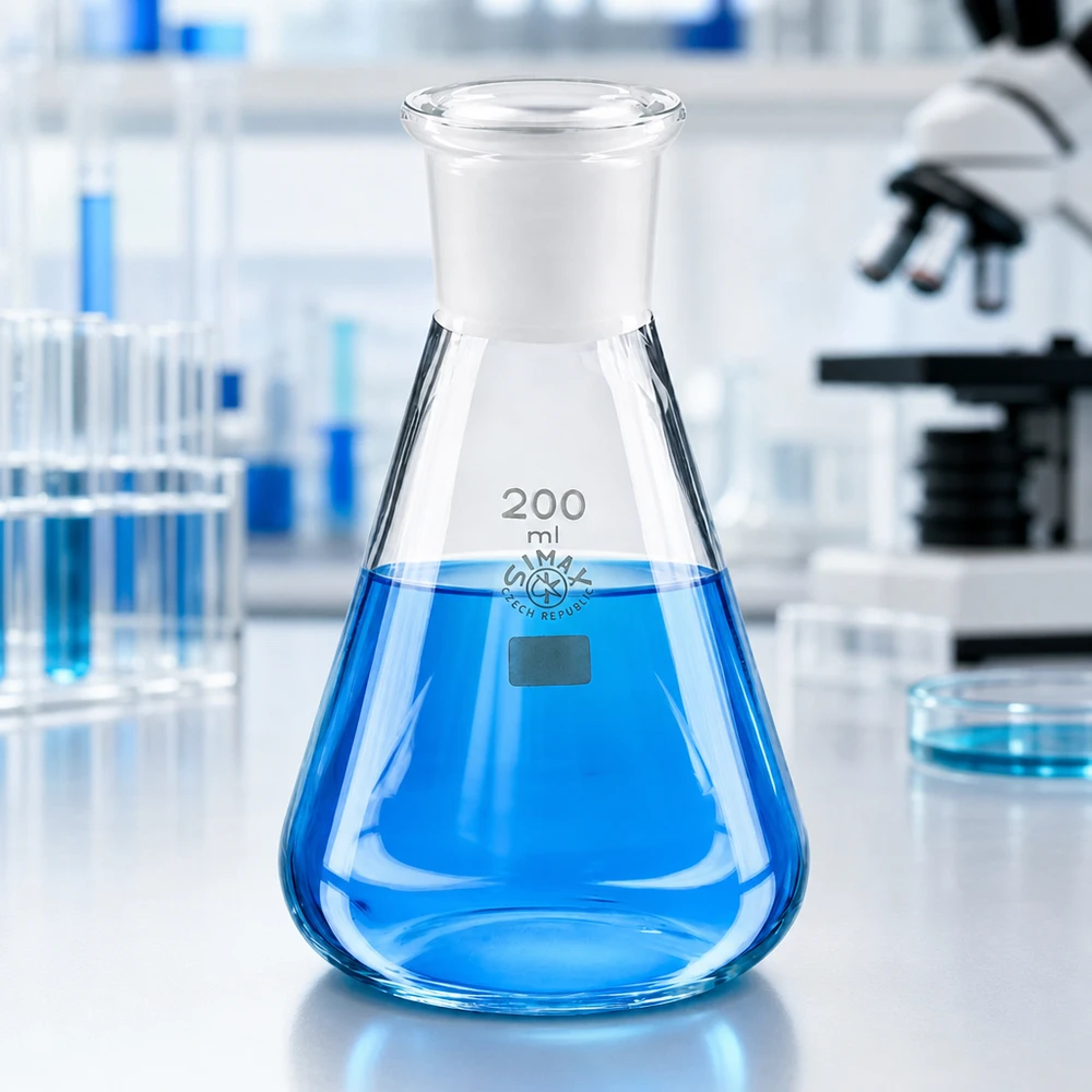 Erlenmeyer-pullo 200ml, jossa on vakiohiottu liitos (29/32). Erlenmeyer-pullo 200ml, jossa on vakiohiottu liitos (29/32).