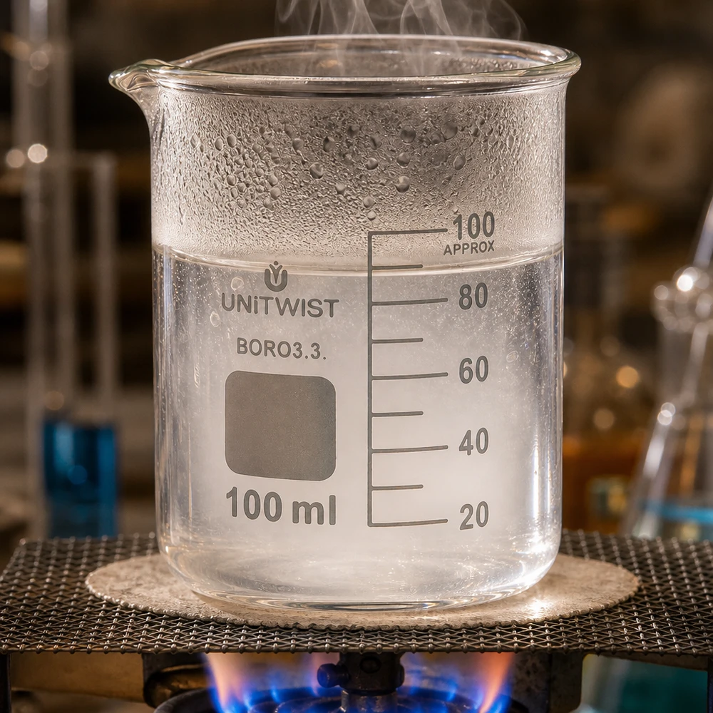 100 ml borosilikaattilasi, matala muotti UNiTWIST UNiTWIST-lasimuki, 100 ml, borosilikaattia, matala malli, lämmitetään Bunsen-polttimella