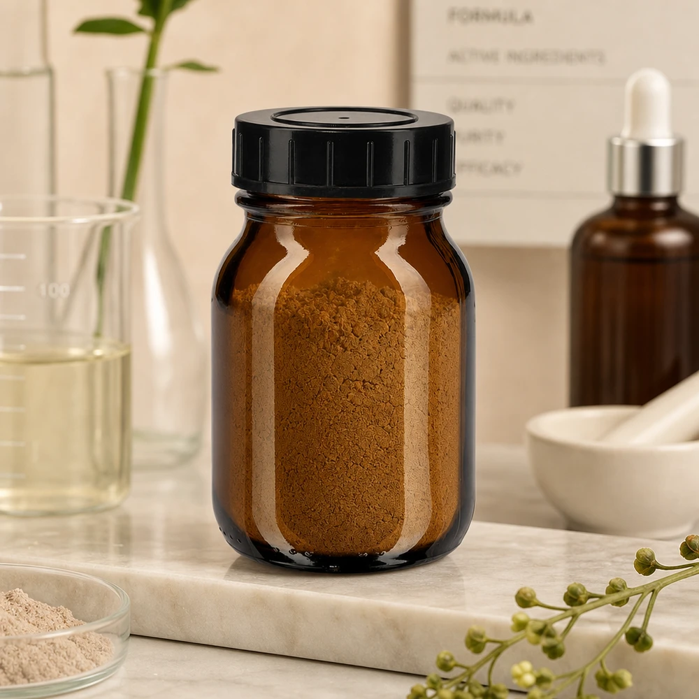 75ml leveäkaulainen pullo meripihkalasista, jossa on kierrekorkki. Pieni 75 ml:n lasipullo, jossa on leveä aukko ja musta kansi helppoa täyttöä varten.