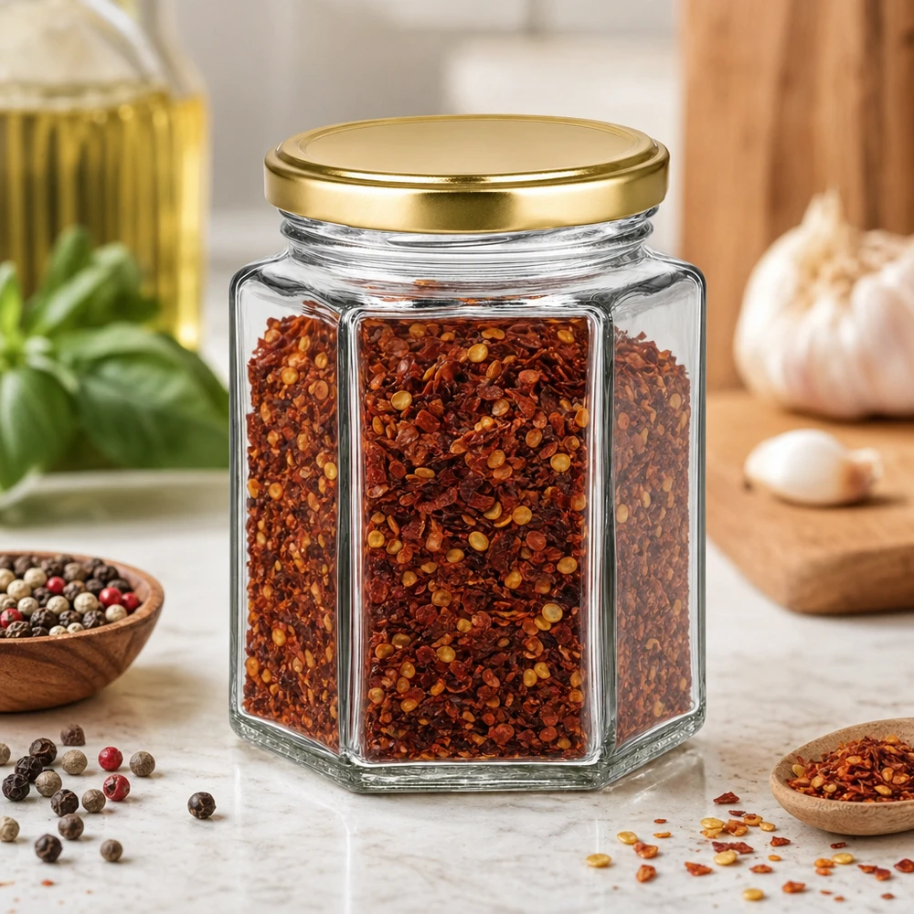 250g hunajapurkki BasicSeal kuusikulmainen täynnä chilimaustetta maustekeittiössä pippurien ja yrttien välissä.