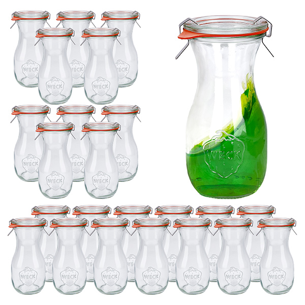 Setti 24 Weck-purkkia 290ml mehupullo, jossa on 24 lasikantta. Setti 24 Weck-purkkia 290ml mehupullo, jossa on 24 lasikantta.