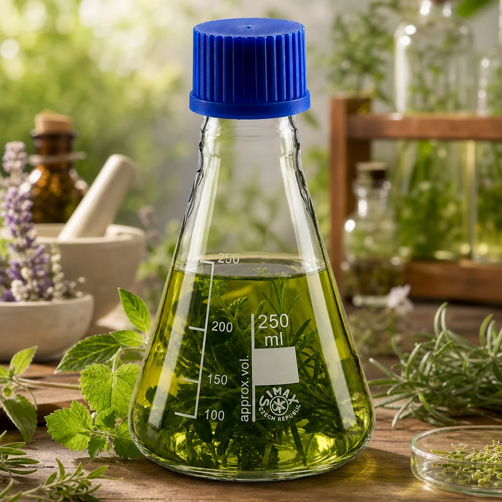 Erlenmeyer-pullo 250ml, jossa on kierrekorkki. Erlenmeyerpullo 250ml, jossa on mittausmerkinnät ja sininen korkki tarkkaa tilavuuden määrittämistä varten.