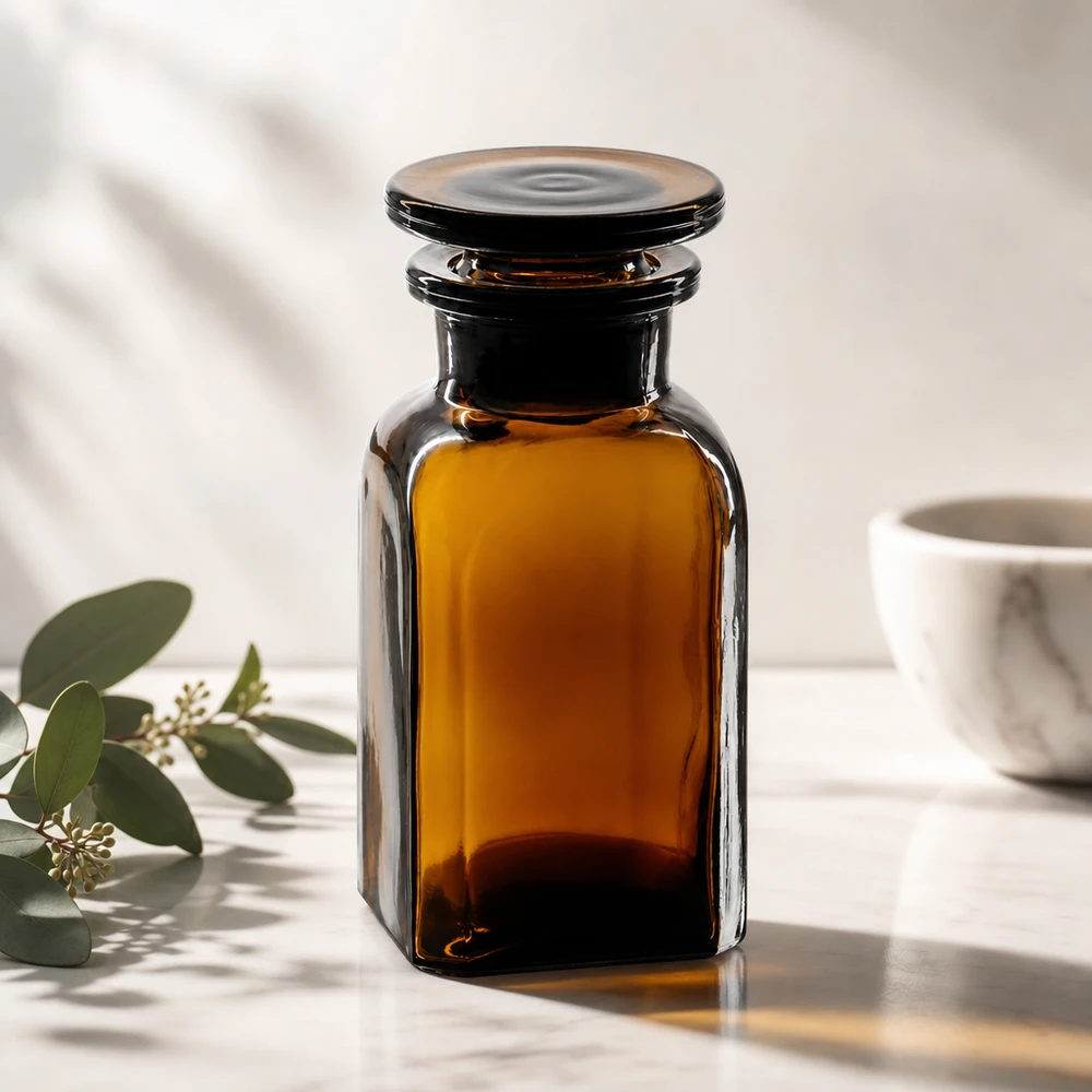 Nelikulmainen pullo 100ml ruskea leveäkaulainen lasitulppa Neliönmuotoinen ruskealasi-pullo, 100 ml, leveäkaulainen, pyöreällä lasitulpalla, marmorialustalla